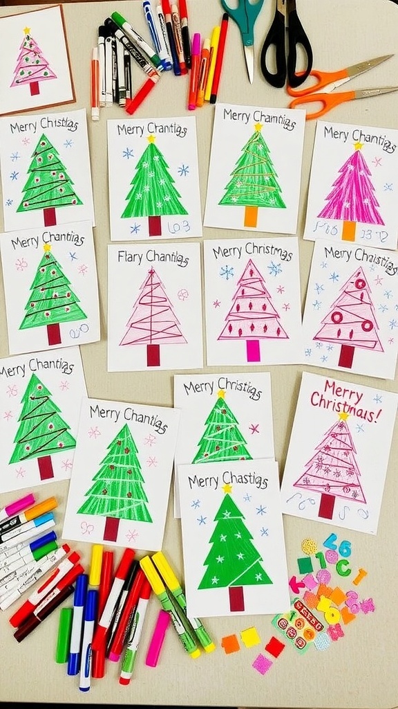 Handmade Christmas cards with drawings and stickers on a craft table.